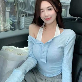 【Puffkten】韓版甜美長袖T恤女 薄款防曬罩衫大尺碼純欲風掛脖背心兩件套上衣