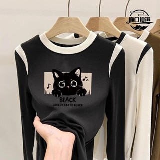🛒臺灣出貨🛒中大童圓領卡通印花長袖恤女童秋冬新款保暖撞色打底衫德絨上衣 ck800603