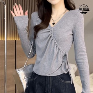 🛒臺灣出貨🛒大碼v領抽繩綁帶不規則長袖恤女秋季新款韓版時尚純色修身上衣潮 ck800603