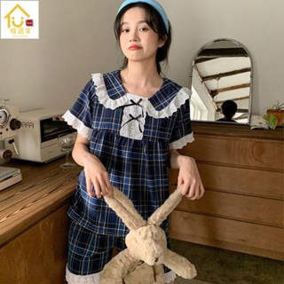 精選家 大尺碼韓版睡衣大碼家居服清新甜美兩件套日系可愛韓國睡衣日係娃娃領夏季短袖睡衣女士花邊格子可愛少女學生寬鬆套裝時