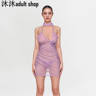 【沐沐】爆款輕熟風紫色蕾絲旗袍2025款情趣睡裙女包臀深V領性感透視高貴睡衣