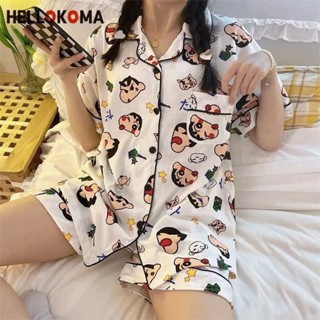 🔥臺灣發貨🔥HELLO KOMA2022新款女夏睡衣卡通可愛蠟筆小新寬松短袖家居服套裝