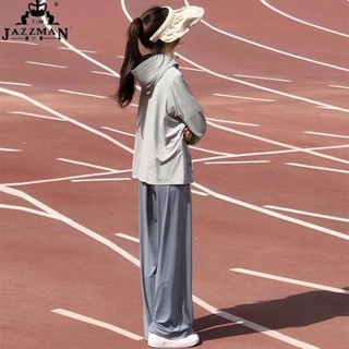 桃園發貨可開票JAZZMAN防曬褲女夏季薄款高腰垂感寬鬆闊腿休閒小個子冰絲運動褲