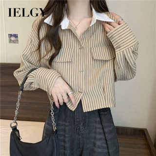IELGY 女士短款小眾上衣小條紋長袖襯衫