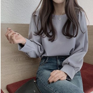 Ctian0613韓版圓領泡泡袖襯衫女 春秋2022新款復古INS 風寬鬆百搭圓領洋氣長袖上衣 女裝