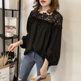 ✨夜夜生活館✨ M-4XL 上衣 大尺碼上衣 一字領上衣 蕾絲拼接 燈籠袖 女生上衣 寬鬆長袖 素面 平口 衣服 正韓上