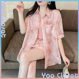 Yoo Closet|時尚套裝女 2件式套裝 夏季新款設計感紮染印花襯衣防曬衫上衣短褲兩件套 小香風套裝 顯瘦套裝 套裝