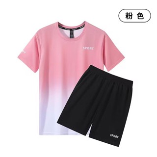 情侶運動休閒套裝 新款夏季情侶套裝運動冰絲T恤休閒男女短袖跑步速幹羽毛球衣服 EXLM