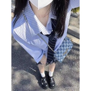 臺灣出貨 日係寬鬆jk襯衫女長袖上衣2024秋季新款學院風基礎款百搭條紋襯衣