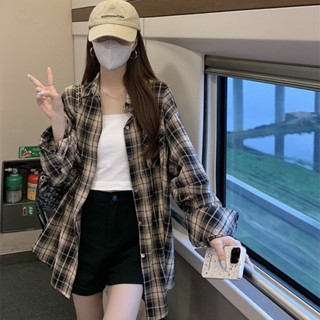 [PING'S🌞]春秋季 新款 復古 格子 襯衫 女款 外套 長袖 薄 開衫 上衣 寬鬆 慵懶風 襯衣 女裝長袖襯衫