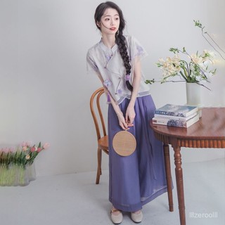 🔥店鋪熱銷🔥【米芝婭】改良旂袍式日常少女俏皮新中式上衣紫色闊腿褲兩件套裝 Z8WZ LJW