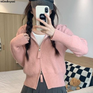 七喜服裝～針織小外套女 秋冬新款 設計感 顯瘦 連帽 雙拉鍊頭春秋短版毛衣 外套