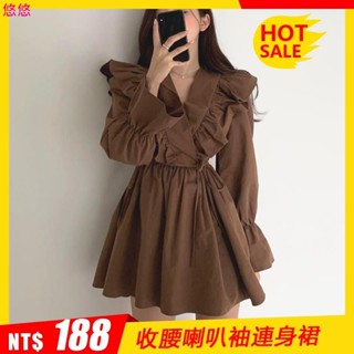 😘悠悠🎀小個子 洋裝 短裙 復古 V領 交叉荷葉邊 系帶 收腰 喇叭袖 短款 長袖連身裙 女生衣著 女裝 199