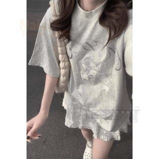嘉義出貨♕韓系少女~純棉灰色蝴蝶結短袖T恤寬鬆短袖t恤女蝴蝶結t恤學生黨衣服甜辣風韓系短袖正肩上衣夏天女裝短袖女