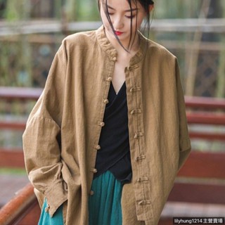 大尺碼女裝 韓國上衣 復古襯衫盤扣上衣女2025新款文藝茶服質感春夏休閑中長款棉麻上衣舒適開衫外套薄款外套ぃ
