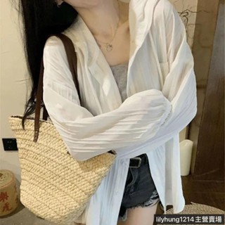 韓版外套女 開衫外套 白色長袖防曬襯衫女2024夏季新款oversize休閑百搭連帽空調衫外套 女生外套 寬鬆外套ぃ