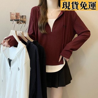 【🚚低價🚚】限時熱賣 大尺碼2024減齡拼接連帽長袖T恤女2024年新款秋季大碼胖mm修身顯瘦打底上衣