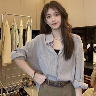 小可家港風chic條紋襯衫女polo領長袖春夏韓係寬鬆休閒百搭防曬外穿上衣 夏季外套 防曬外套 透氣外套 夏天外套女 薄