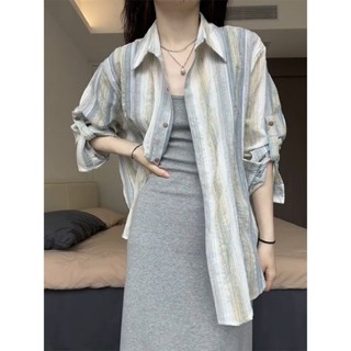 小可家條紋港風長袖襯衫女防曬外套夏季設計感小眾襯衣外搭複古薄款上衣 夏季外套 防曬外套 透氣外套 夏天外套女 薄款外套