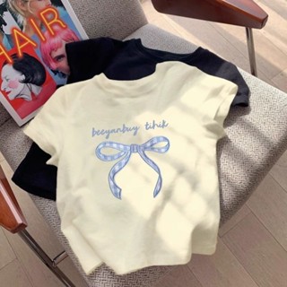 mori🎀mori【現貨】海洋藍正肩女童短袖T恤女夏季新款圓領百搭蝴蝶結公主風上衣