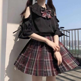 萊拉丨日系少女 學院 娃娃領 jk制服 蘿莉塔 內搭喇叭袖露肩短袖襯衫女上衣夏