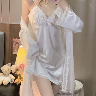 [限時特惠]純慾風蕾絲邊白色冰絲吊帶睡裙 睡袍家居服睡衣女春秋款新款居家服 家居服 睡裙 睡衣 居家睡衣