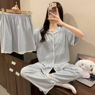 🌺臺灣限時低價🌺夏季ins套裝小香風坑條短袖短褲長褲三件套睡衣女寬松居家服純色