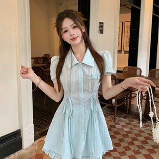 [PING'S🌞]奶系 甜美 早春 套裝 藍色 短袖 法式 綁帶 收腰 襯衫 連衣裙 高腰 短褲 兩件套