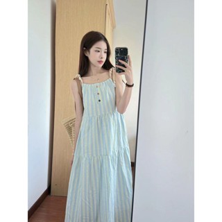 【PING'S🌞】夏季 寬鬆 慵懶 氣質 長裙 法式 複古 條紋 撞色 蕾絲 拚接 吊帶 連衣裙 女