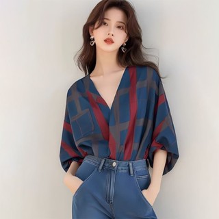 🚚免運+實拍 七分袖襯衫女 韓版襯衫 雪紡襯衫 襯衫女 上衣女 港風紅藍格紋撞色v領七分袖防曬襯衫女韓係硫痠銅穿搭上衣