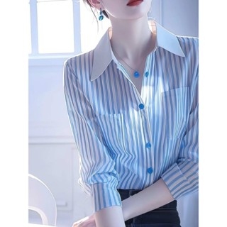 🚚免運+實拍 七分袖襯衫女 韓版襯衫 雪紡襯衫 襯衫女 上衣女 藍色條紋襯衫襯衣女2025新款輕奢高階感減齡洋氣質上衣