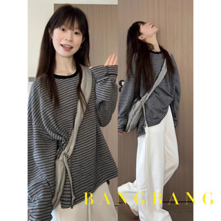 ✨BANGBANG✨美式複古新款慵懶寬鬆T恤條紋長袖秋季圓領百搭上衣鬆弛打底 GJNY