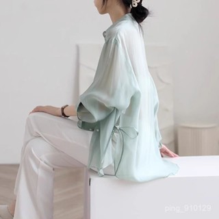 【防曬黑】3-11冰絲雪紡襯衫新款薄款外搭綁帶開衫防曬衣服外套上衣 透氣寬鬆遮陽服 涼感薄款外套 韓係防曬衫 春夏季女裝