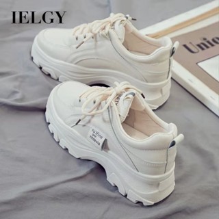 IELGY 白色老爹鞋女新款平底厚底增高休閒時尚純色運動鞋