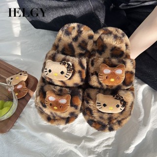 IELGY 可愛hello Kitty毛皮拖鞋女裝2025厚底豹紋寶貝風保暖棉拖鞋