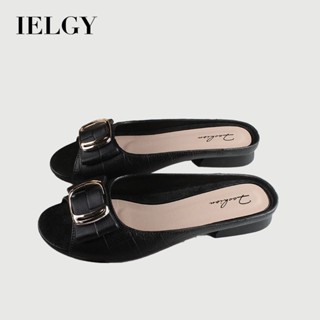 IELGY 新款半拖鞋女夏季時尚方扣休閒粗跟平底