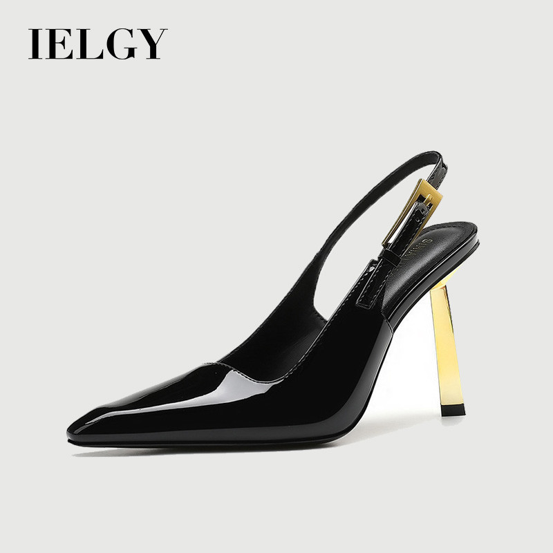 IELGY 高跟鞋女款金色細高跟2025鏤空黑色尖頭氣質漆皮鞋頭