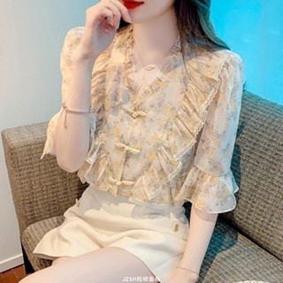 碎花短袖女上衣 休閒百搭 法式碎花短袖雪紡襯衫女裝 新中式國風盤扣荷葉邊上衣