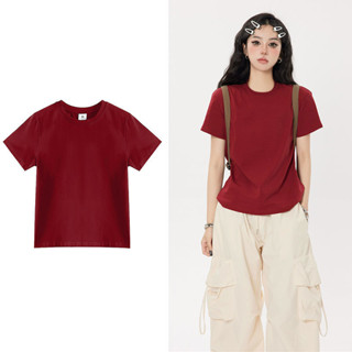 【高品質】修身t恤 正肩短袖ZH100%純棉240G正肩酒紅色短袖T恤女夏季修身百搭顯瘦高級感上衣