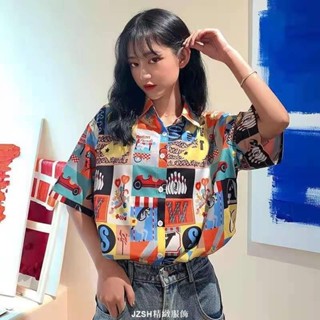 碎花襯衫 短袖女上衣 休閒百搭衣服 洋氣印花上衣 中長款復古女裝 酷帥撞色衣服 圖案秋季寬鬆薄款襯衫 夏天港風防曬襯衣女