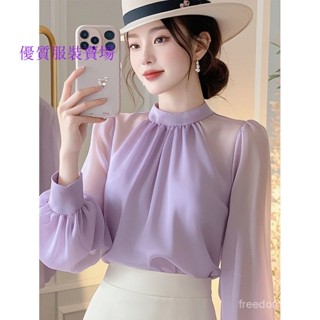 優質服裝賣場早秋新款韓係chic別緻氣質通懃雪紡上衣女高級感紫色防曬長袖襯衫