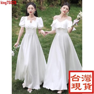 寶藏新品319 特價⚡【新娘婚紗】白色緞面伴娘服女2023新款季姐妹團小個子平時可穿仙氣晚禮服裙
