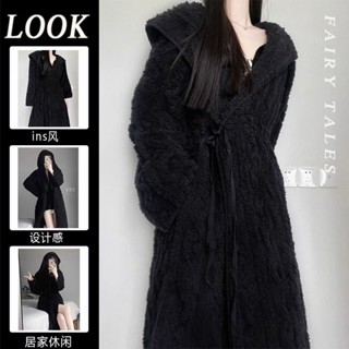 法蘭絨黑色珊瑚絨睡袍女冬季加絨加厚長款浴袍睡衣連帽秋冬家居服 範德林德