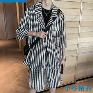 ✨紐智精品✨新品熱銷西裝套裝男夏季薄款潮流寬鬆衣服港風痞帥外套韓版休閒短褲兩件套ABAB