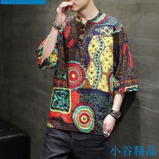 ✨紐智精品✨最新熱銷民族印花沙灘衣服七分袖t恤中國風男裝唐裝亞麻短袖大尺碼潮流上衣ABAB