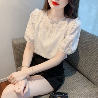 【免運】法式短袖雪紡衫女夏季大尺碼上衣減齡氣質襯衫顯瘦蕾絲小衫