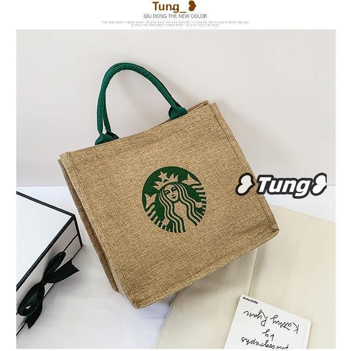 台灣發貨【免運】Jenny❥Starbucks星巴客星巴克 星巴克印花帆布包學生飯桶飯盒袋便當手提書包書本袋購物袋麻布提