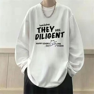 簡約韓風M-8XL 男士長袖T恤夏季薄款寬鬆上衣青少年學院風上衣秋季圓領體恤打底衫長袖上衣 上衣 印花T恤 oversi