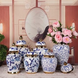 【新品推薦】景德鎮陶瓷青花瓷花瓶將軍罐密封罐復古陶瓷花瓶網紅款擺件儲物罐