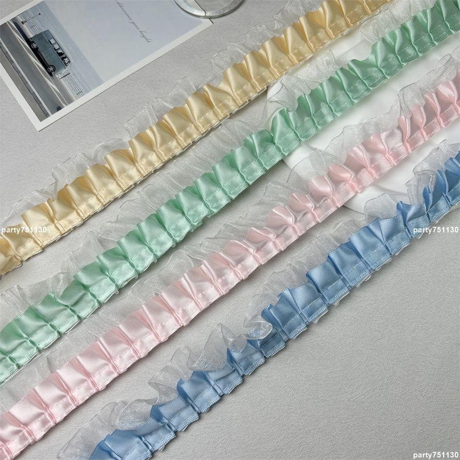 🌸限時下殺🌸輔料 材料包 紅色雙層雪紡褶皺蕾絲花邊輔助料立體褶手工裝飾diy公主風木耳邊 par